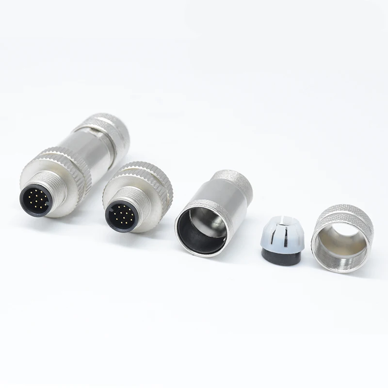 M12 A Code DIN Industrial IP67 Waterproof Brass Nickel Plated Metal Field Assembly Shielded Solder Straight 12 Pin Male Plug