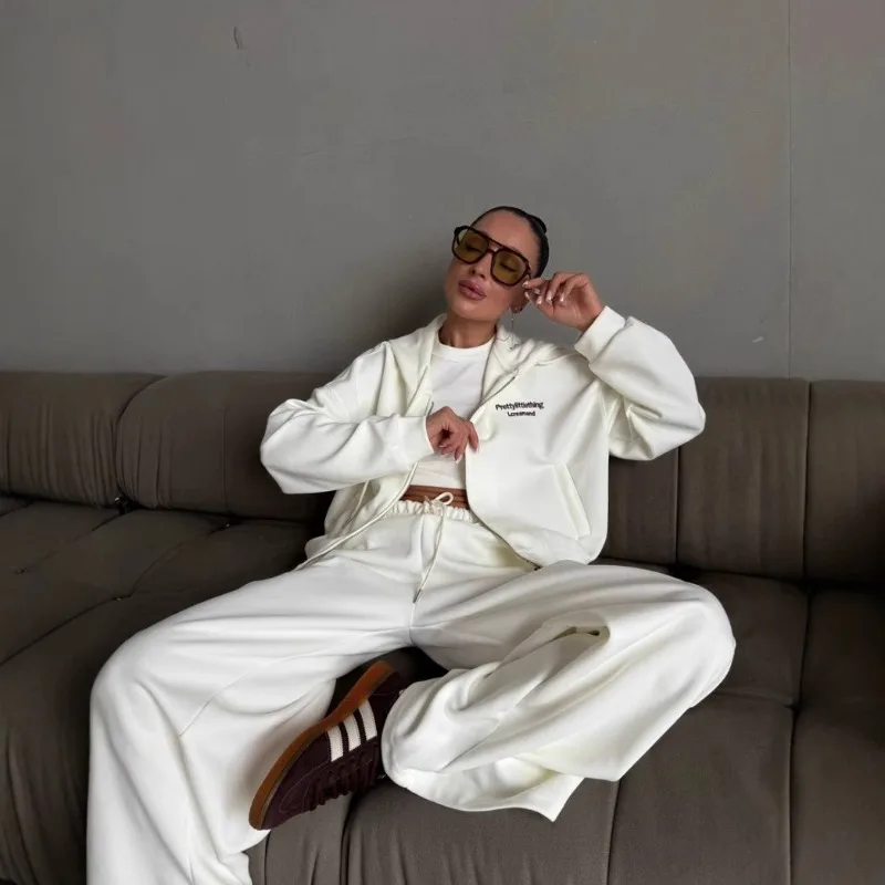 

Простой осенний новый свитер с капюшоном «ленивый ветер», женская нишевая куртка, прямые брюки, комплект из двух предметов в европейском и американском стиле