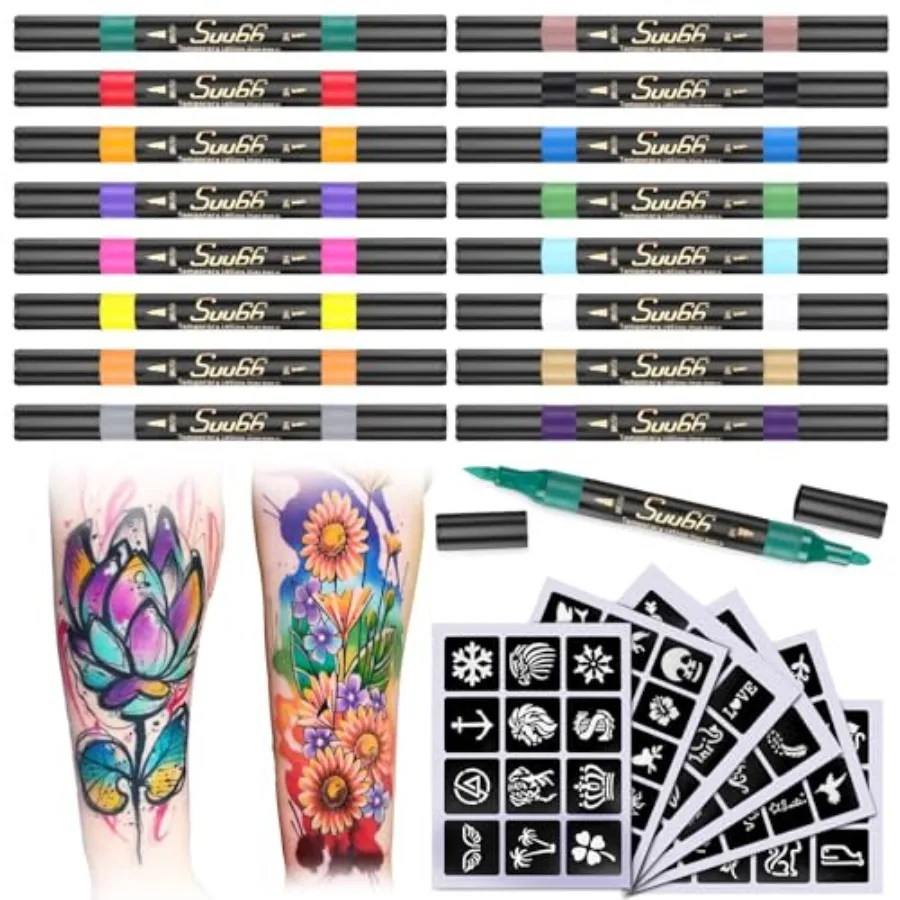 

Temporary Tattoo Markers Kit, Dual-End 16 Colors with 80 Stencils for Body Art Skin-Safe, Washable, Cosmetic-Grade for and Adul