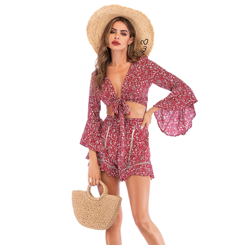 

2025 Summer Chiffon Beach 2 Piece Sets Woman Long Flare Sleeve V-Neck Floral Print Bandage Short Blouse Top Shorts Two Piece Set