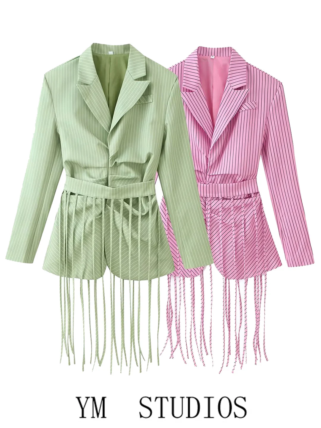 Women's Tailored Striped Suit Jacket with Detachable Fringe Waist Belt for Office Wear Fashionable Chinese Brand Autumn Polye...