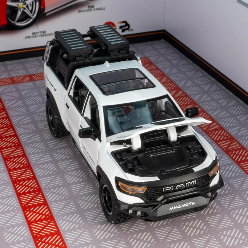 1:32 Dodge mamut pickup truck liga modelo de veículo off-road brinquedo retrátil acústico-óptico com porta que pode ser aberta