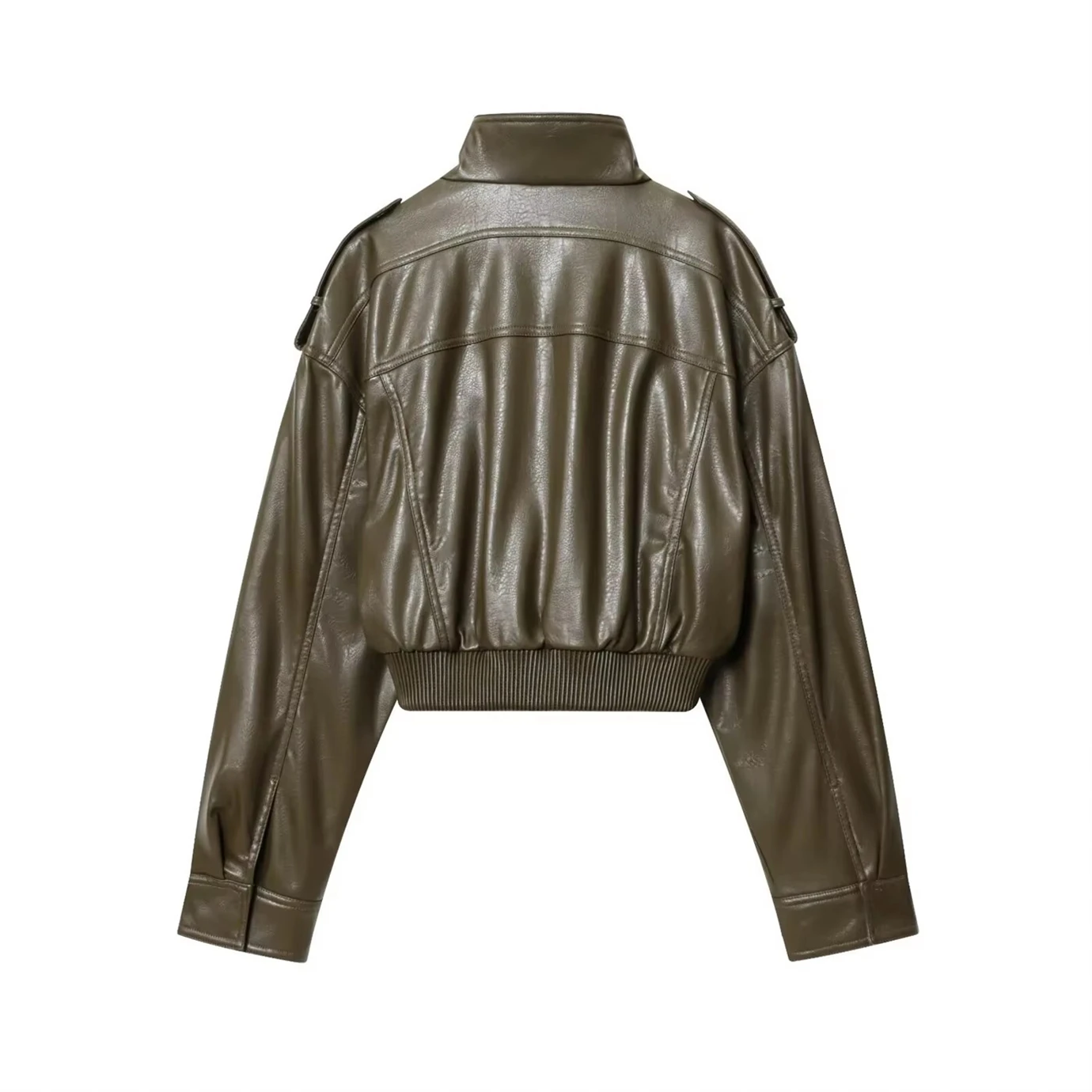 Neu eingetroffene Damenjacke mit Stehkragen, edgy, lederähnliche Textur, trendiger Stil, kurze Damenjacke mit Kunstledereffekt