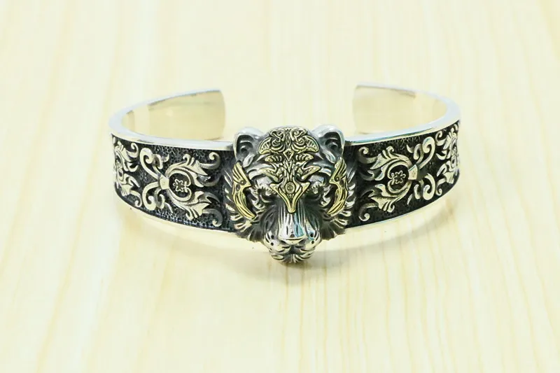 China-Chic Wide face Bracelet Men's Sterling Silver Aggressive Personality Fashion Tiger Head Open Bracelet Weighted Bracelet He