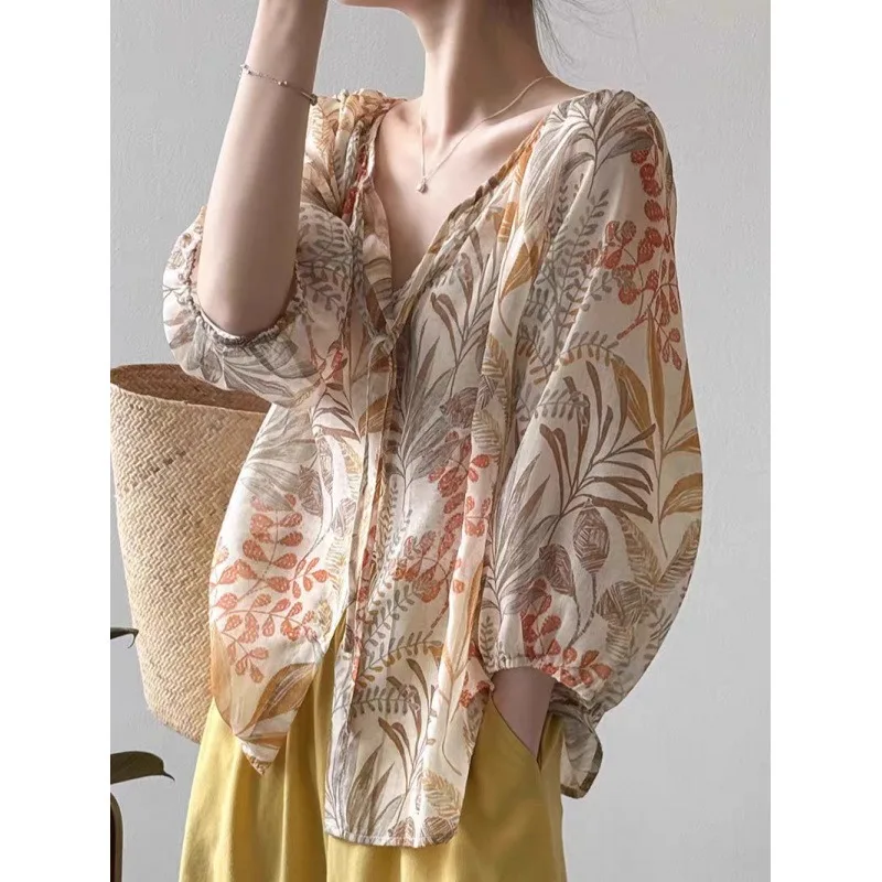 Women Floral Print Tie V Neck Puff Three Quarter Sleeve Sun Protection Blouse