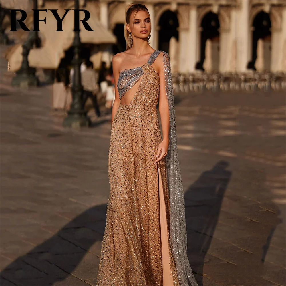 

RFYR Sequined Gold Prom Dresses Sexy One Shoulder فساتين سهره Side Split Beach Party Dresses Floor Length Wedding Darty Dresses