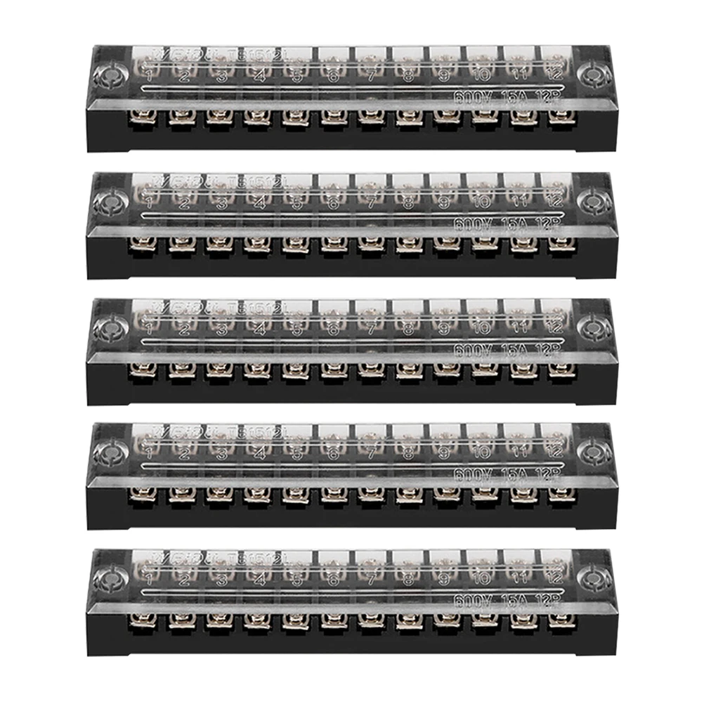 

5pcs 12-Position 15A 600V Terminal Strip Block Brass Contact Screw Terminal Barrier Transparent Pc Cover Dust-Proof Electrical