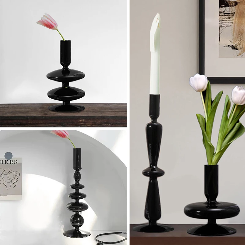 Retro Candle Holders Black Glass Vase Candlestick For Wedding Party Dinner Candlelight Decoration Living Room Dining Table Decor