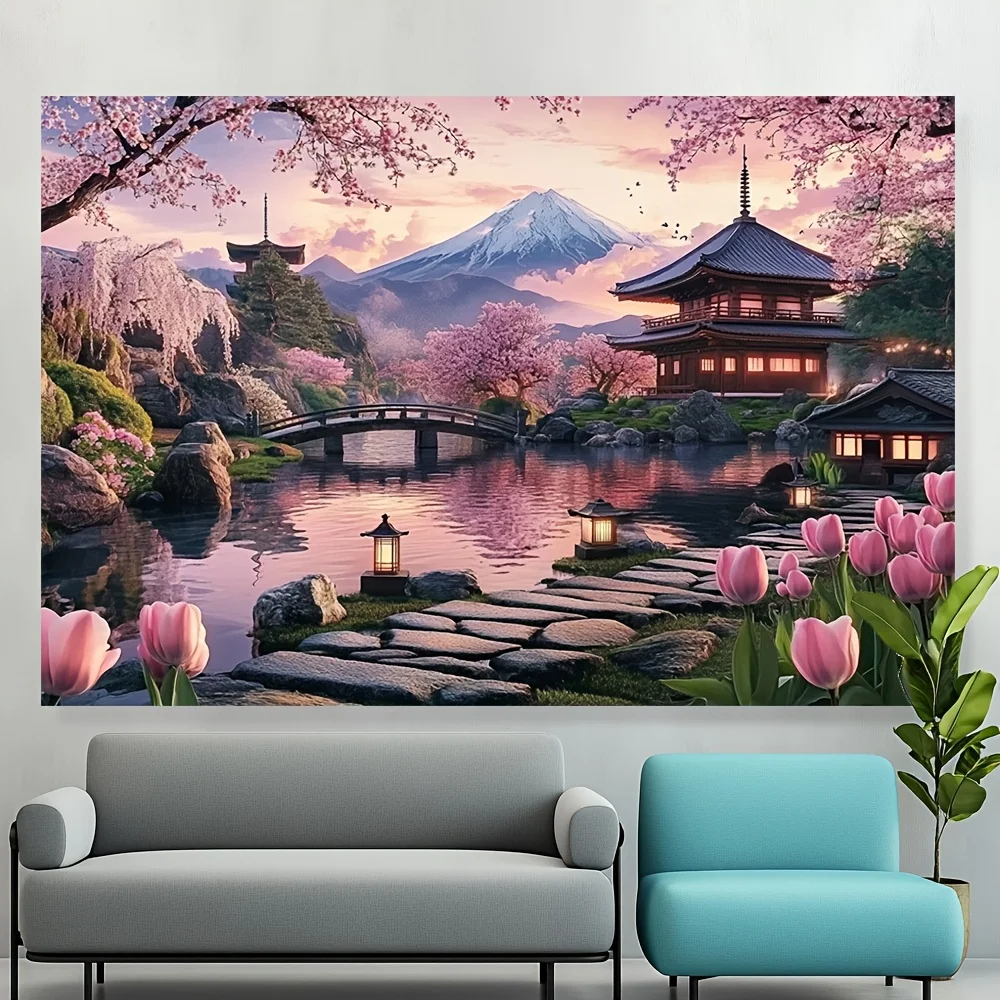 Cherry Blossom Temple Tapestry Perfect For Home Decor Adding A Touch Of Nature And Tranquility To Your Living Space
