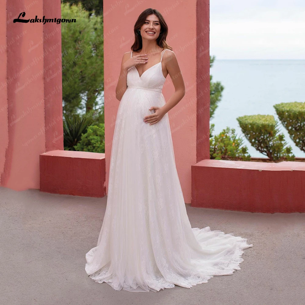 

Lakshmigown Ivory Lace Beach Wedding Dress Spaghetti Straps V Neck A-Line Bridal Gowns For Pregnant Woman Brides Dress Vestido