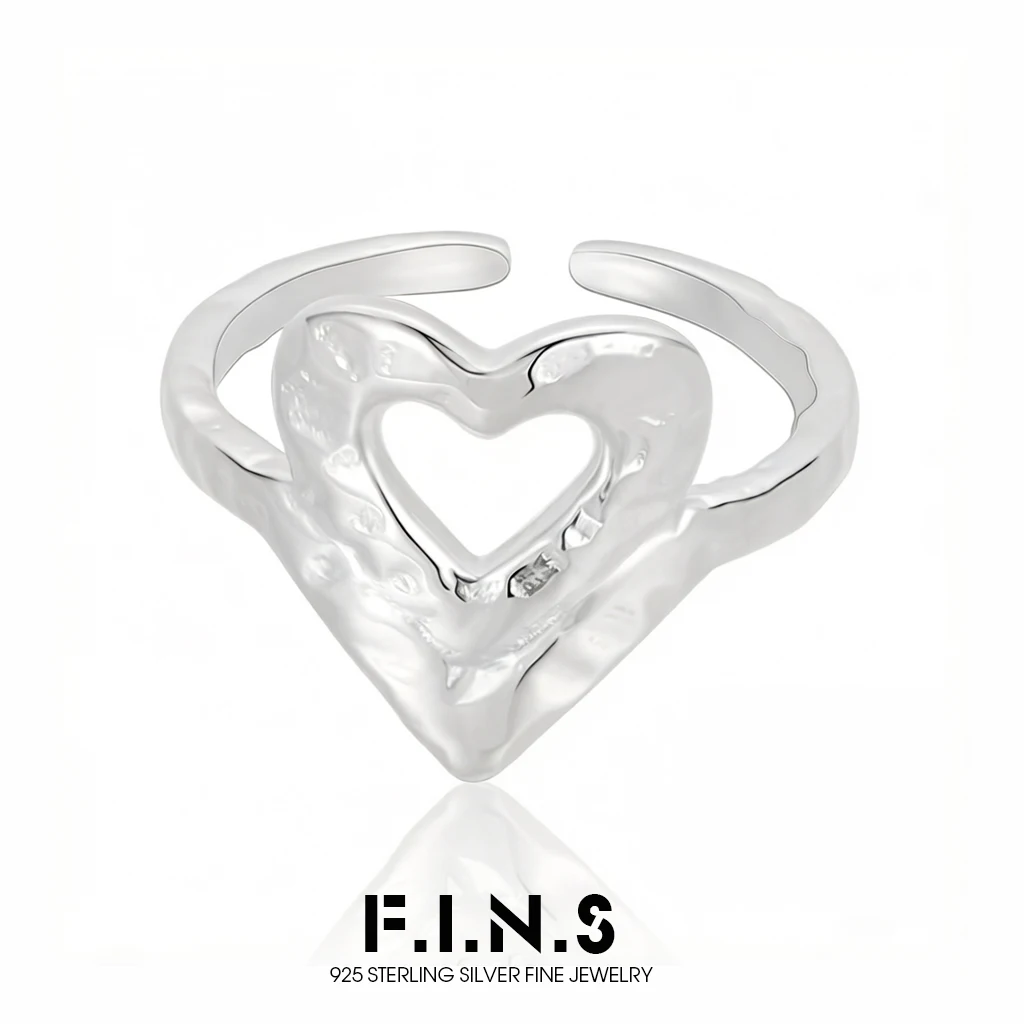 

F.I.N.S Hammered S925 Sterling Silver Open Heart Ring Minimalist Irregular Hollowed Heart-Shaped Adjustable Fashion Fine Jewelry
