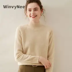 WinvyNee Women Cashmere Merino Wool Sweater Half High Collar Causal Thick Solid Knit Tops Loose Pullovers Jumper Autumn A1054018