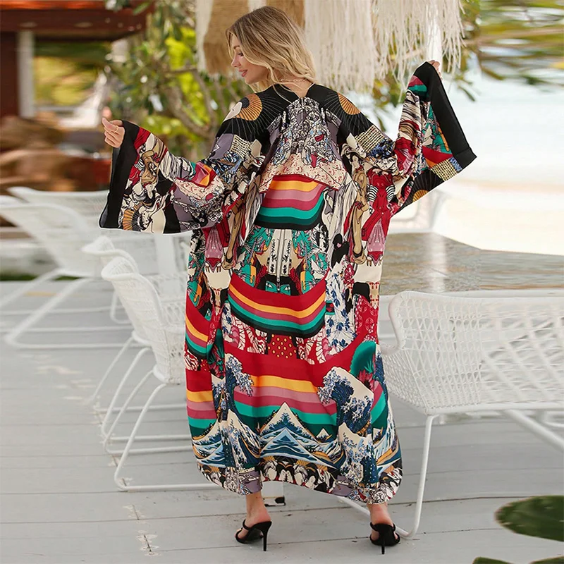 Spring and Autumn Mid-Length Loose Beach Cover-Up Cardigan Bathrobe Kimono Retro Style Bohemian Long Skirt Bikini Cover-Up Sun Protection Clothing