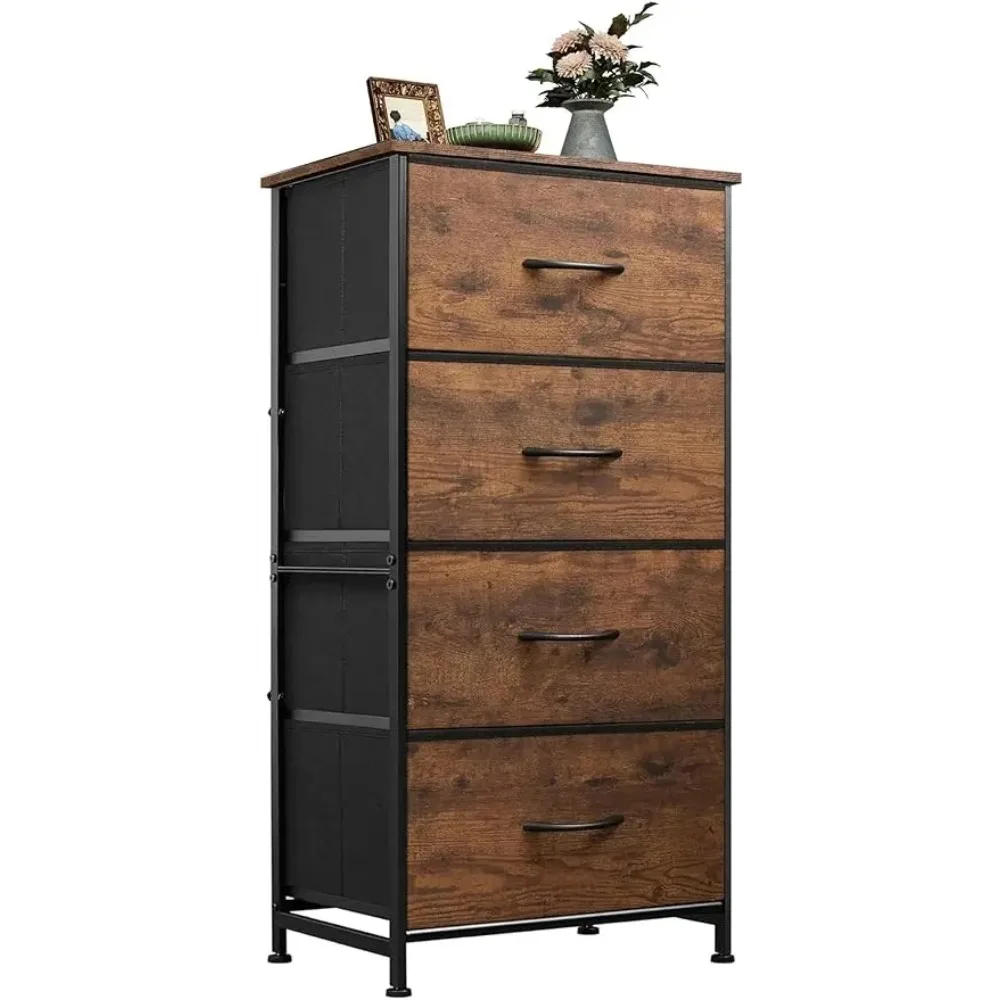 Dresser with 4 Drawers, Fabric Storage Tower, Organizer Unit for Bedroom, Hallway, Entryway,Closets, Sturdy Steel Frame,Wood Top