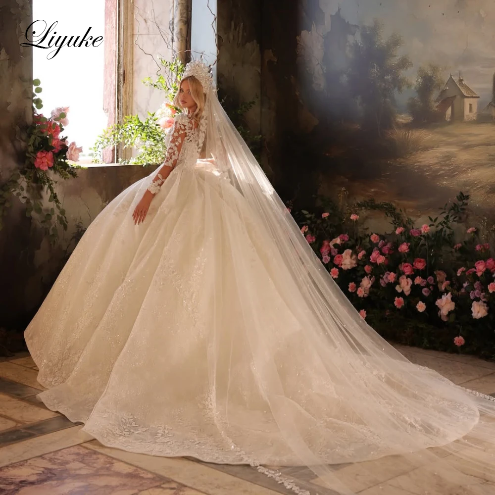 Liyuke Custom Made Beauty Lace Ball Gown Princess Wedding Dresses Luxury Beaded Pearls Embroidery Full Sleeve Puffy Bridal Gowns
