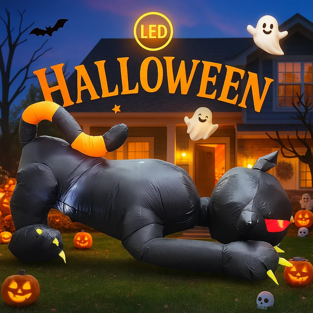 5.91FT في الهواء الطلق عطلة الديكور هالوين القط الأسود لعبة يهز رئيس حديقة حفلة المدمج في أضواء LED ساحة ديكور ديكور المنزل
