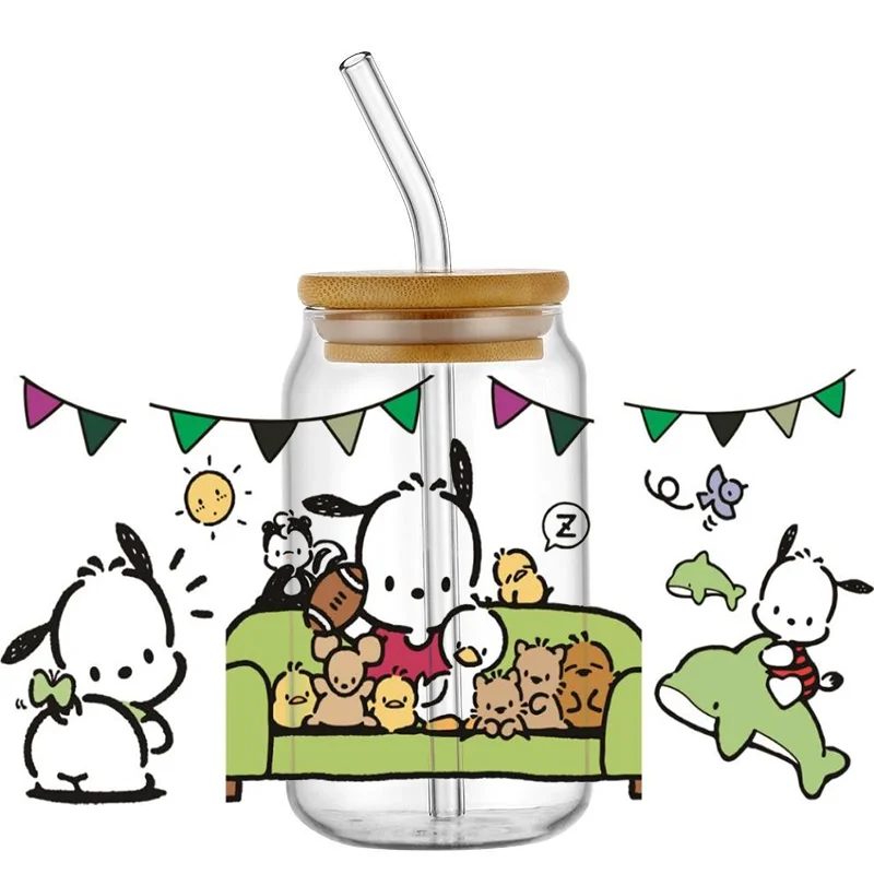 Miniso Pochacco stiker Bungkus anjing stiker tahan air UV cangkir DTF Mug membungkus stiker DIY 3D bungkus Decal untuk 16oz Libbey Glass