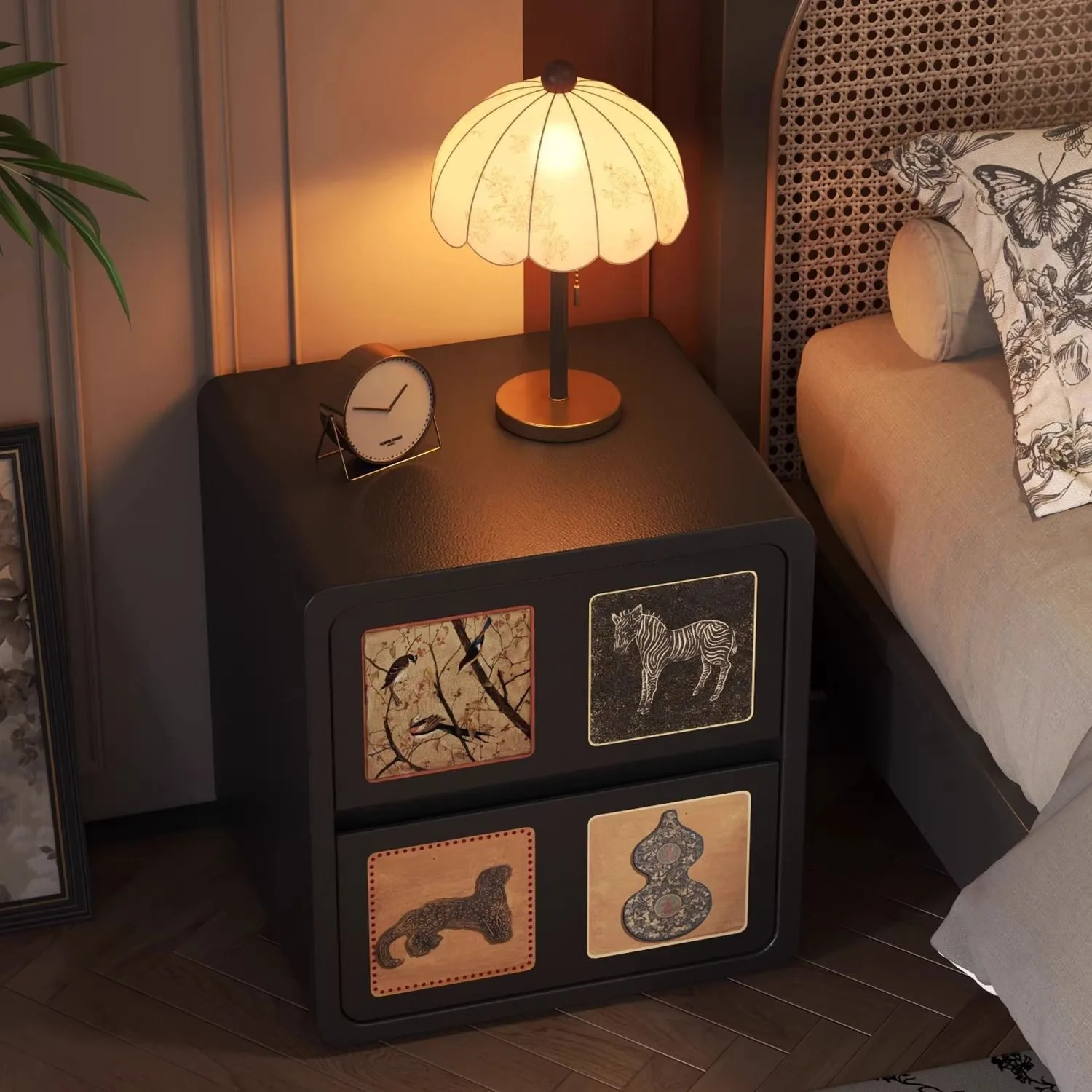 

2025 Design Niche Bedside Table, Home Bedroom Cabinet, Small Solid Wood Black Light Luxury Storage Cabinet, New Product