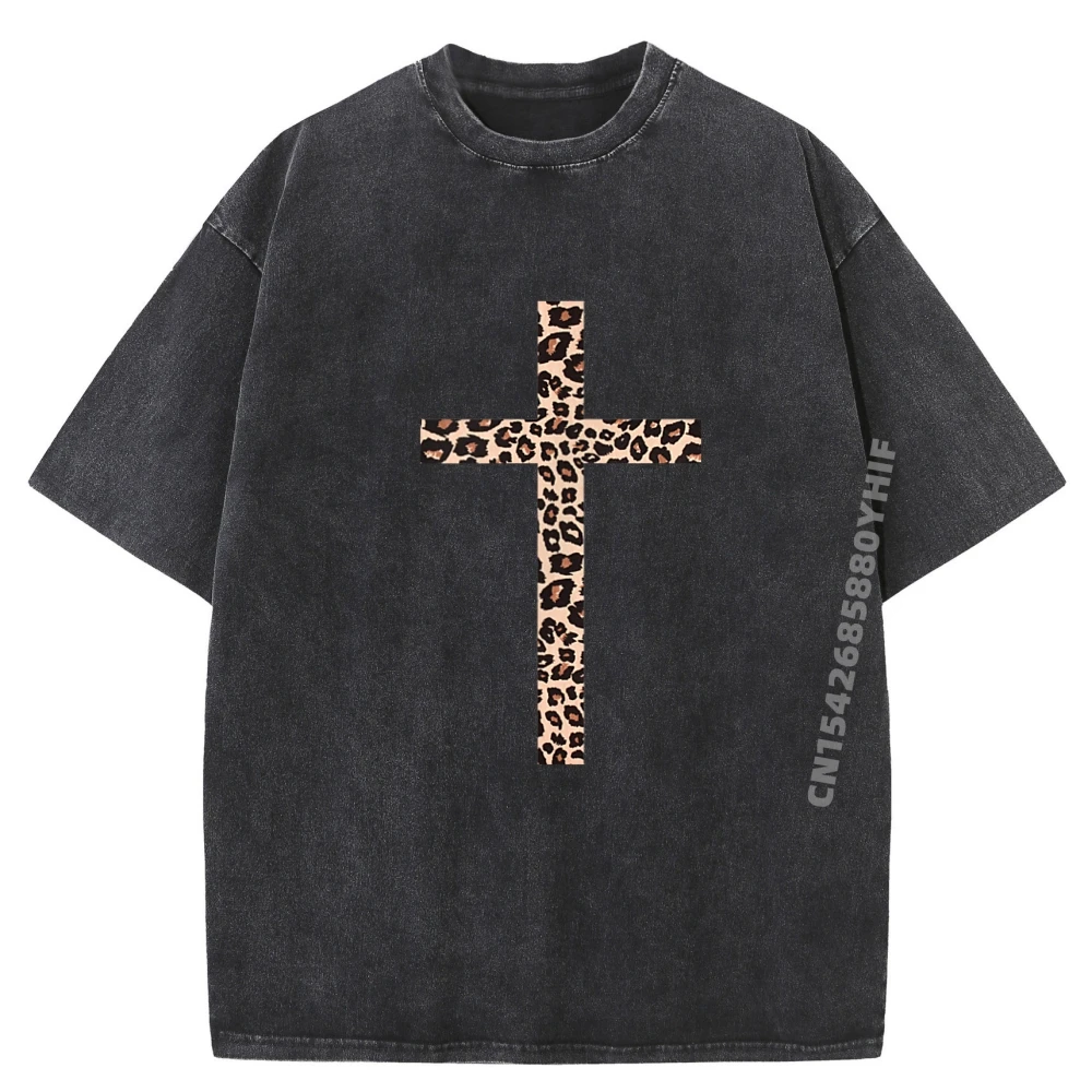 

Fashion Printed Tops Leopard Cross Christian Design Grahpic Tee Shirt Unisex Mens Gifts Retro Washed Tshirt