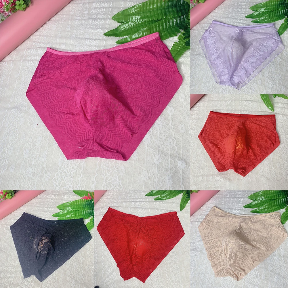 Enhance Scrotum Bulge Pouch Briefs Sexy Mens Bikini Panties Elastic Underwear Mesh Sheer Thong Lace Pouch G-String