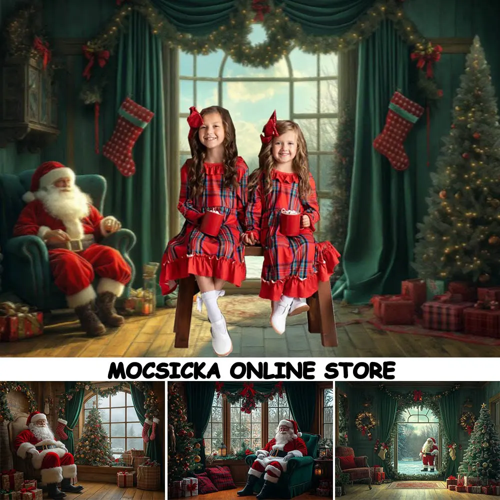 

Mocsicka Christmas Photography Background Interior Santa Claus Xmas Tree Window Snow Scene Child Portrait Photo Backdrops Props