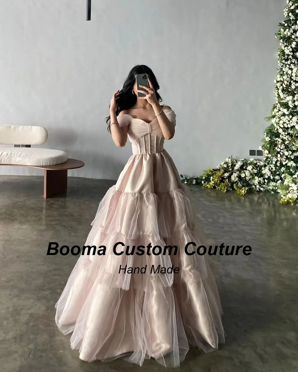 Booma A Line Long Prom Dresses Off Shoulder Boning Corset Tiered Formal Evening Dresses for Women Dubai Birthday Party Gowns