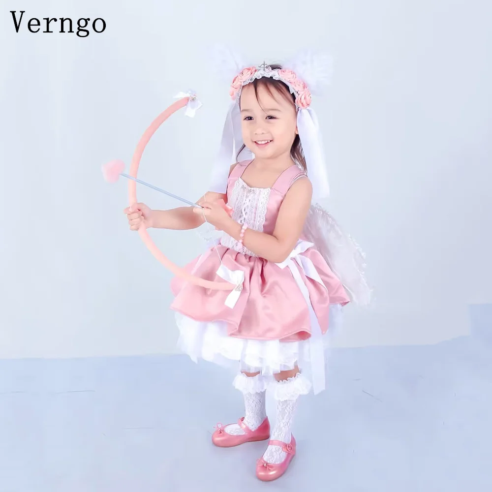 

Verngo Pink Satin Mini Kid Birthday Party Dress Sleeveless A Line Bow Princess Girl Flower Dress Elegant Kid Gown Customized
