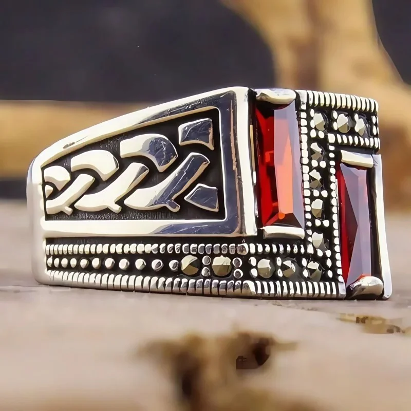 

1pc Turkish Seal Style Handmade Men's Stainless Steel Ring, Vintage Engraved Pattern Inlaid Red Synthetic Zircon Ring