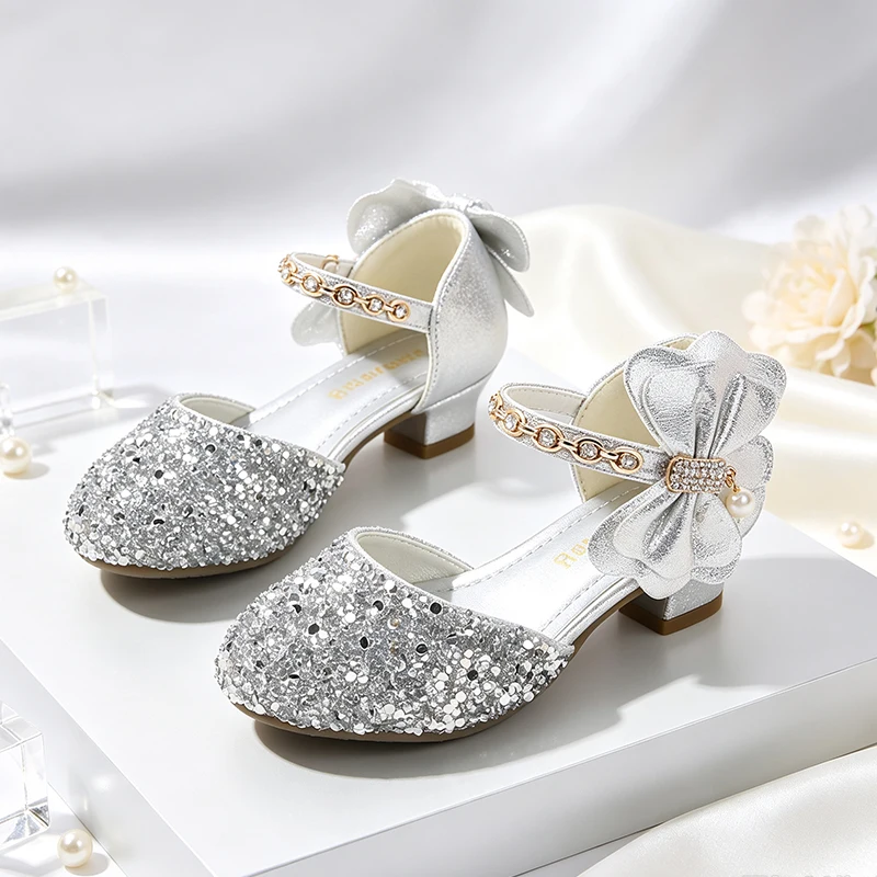 Luxury Girls Sparkly Sequin Princess High Heels Shoes Elegant Kids Pageant Party Christmas First Communion Bridesmaid Sandals