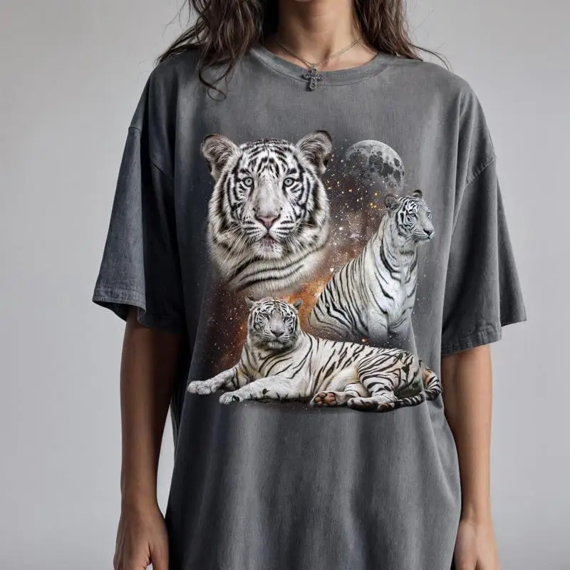 

Siberian Tigers And The Moon Vintage 90'S Style T Shirt Retro Animal Comfort Colors Inspired Tiger Lover Oversized
