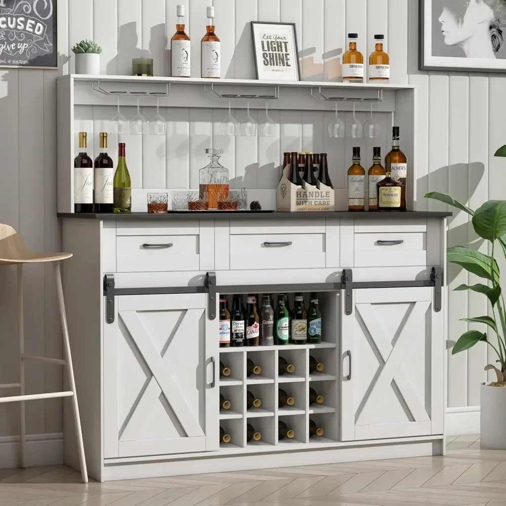 

52" Farmhouse Coffee Bar Cabinet with Storage, Wine Bar Cabinet with 9 Glass Holders and 12 Grid Wine Racks, Bar Cabinet