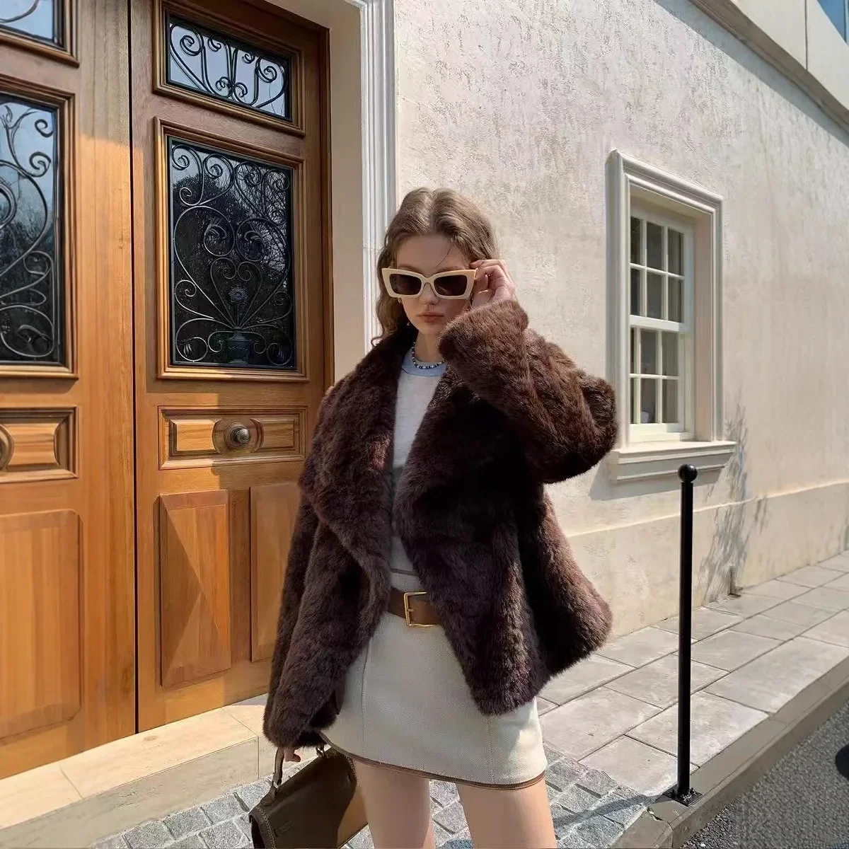 

Female's Mink Fur Outwear Style Chic Lady Faux Fur Women Eco Fur Retro Lapel Collar Full Sleeve