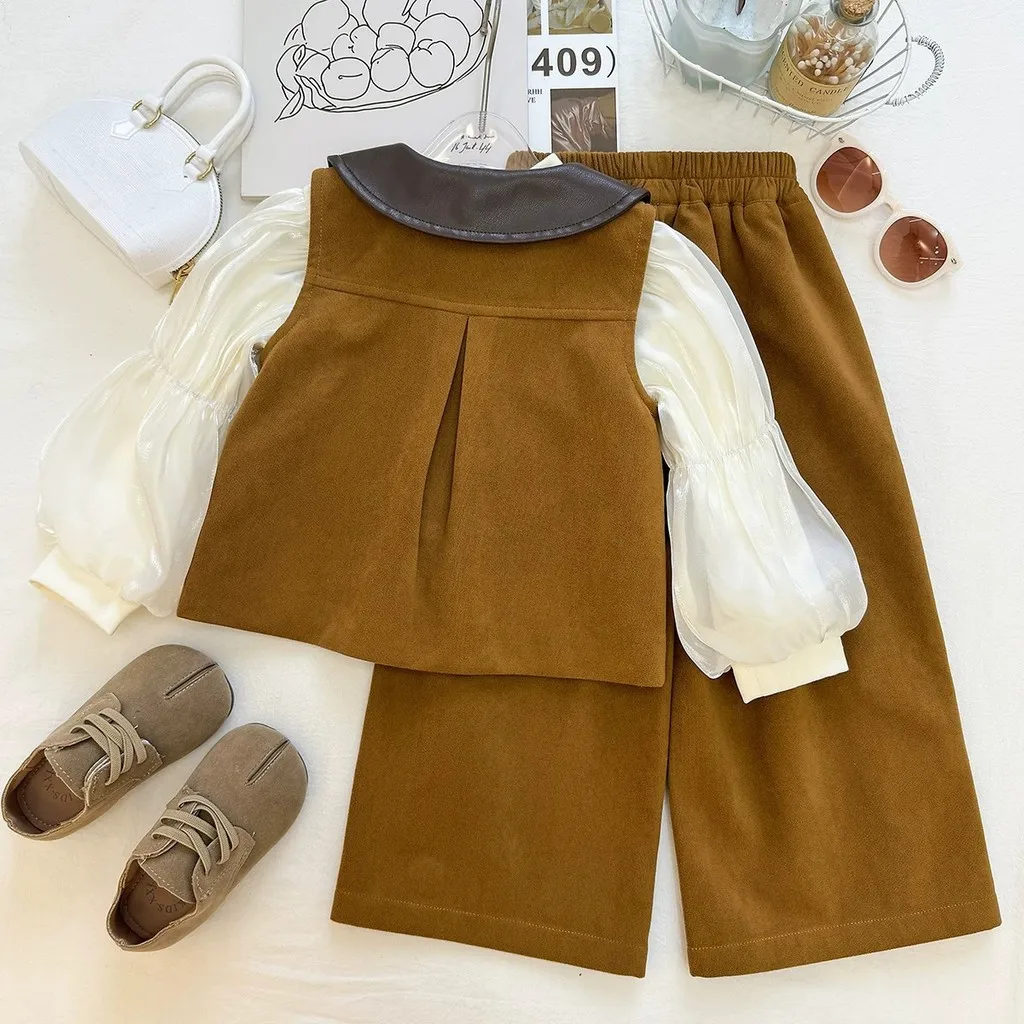 Spring and Autumn Coffee Color Three Piece Set Retro Leather Collar Embroidered Vest+Bubble Sleeve Shirt+Wide Leg Pants