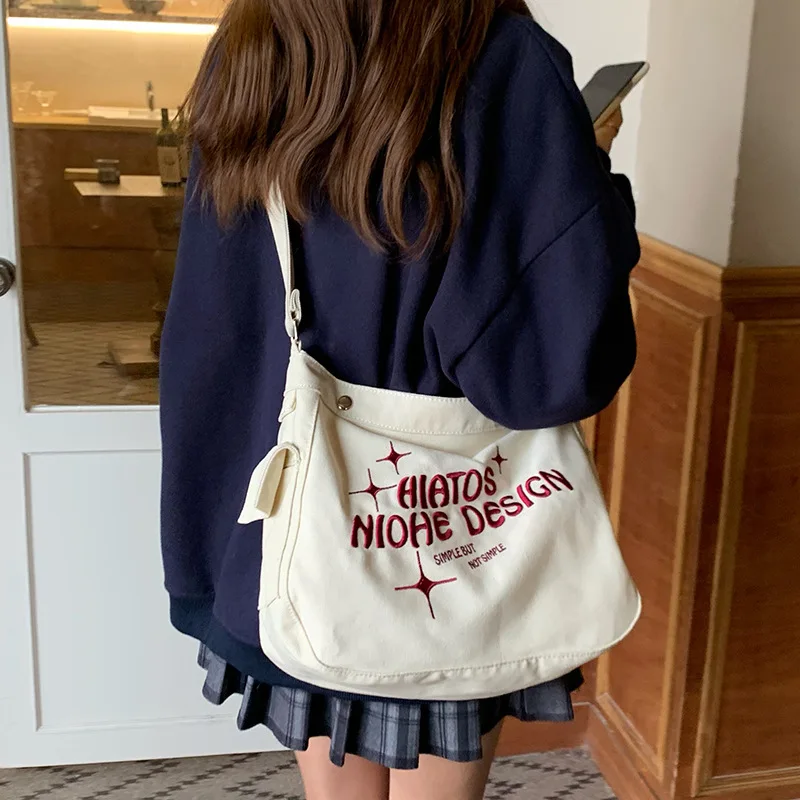 New Fashion Tote Bags Canvas Bag Female College Students Niche Letter Embroidery Leisure Versatile Crossbody Bags Shoulder Bags