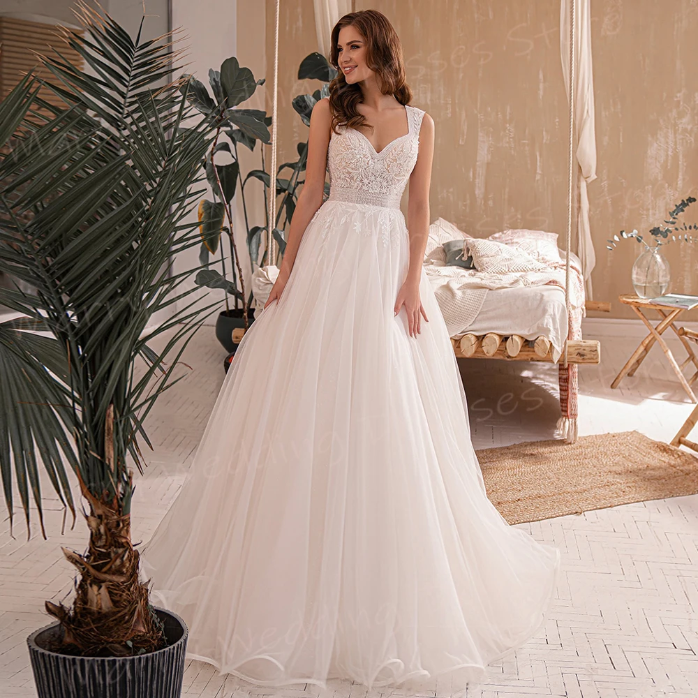 

Modern Exquisite A Line Women's Wedding Dresses Graceful Appliques Lace Bride Gowns Pretty Sleeveless Princess Vestidos De Novia