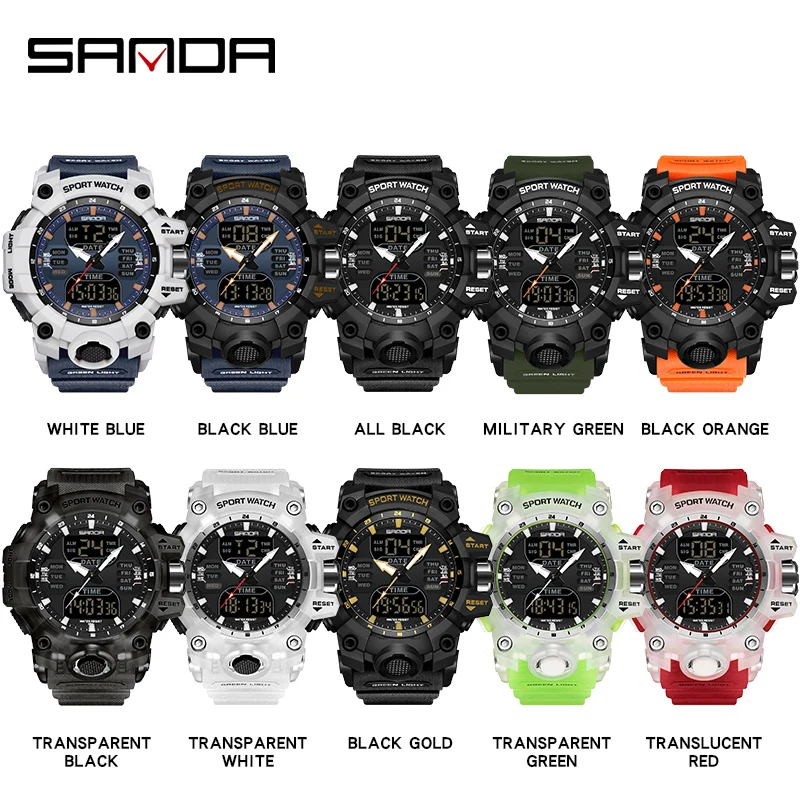 SANDA Dual Display Men Watches Waterproof Sports Watch Military Man Alarm Stopwatch Quartz Wristwatch Male Digital Clock 6126