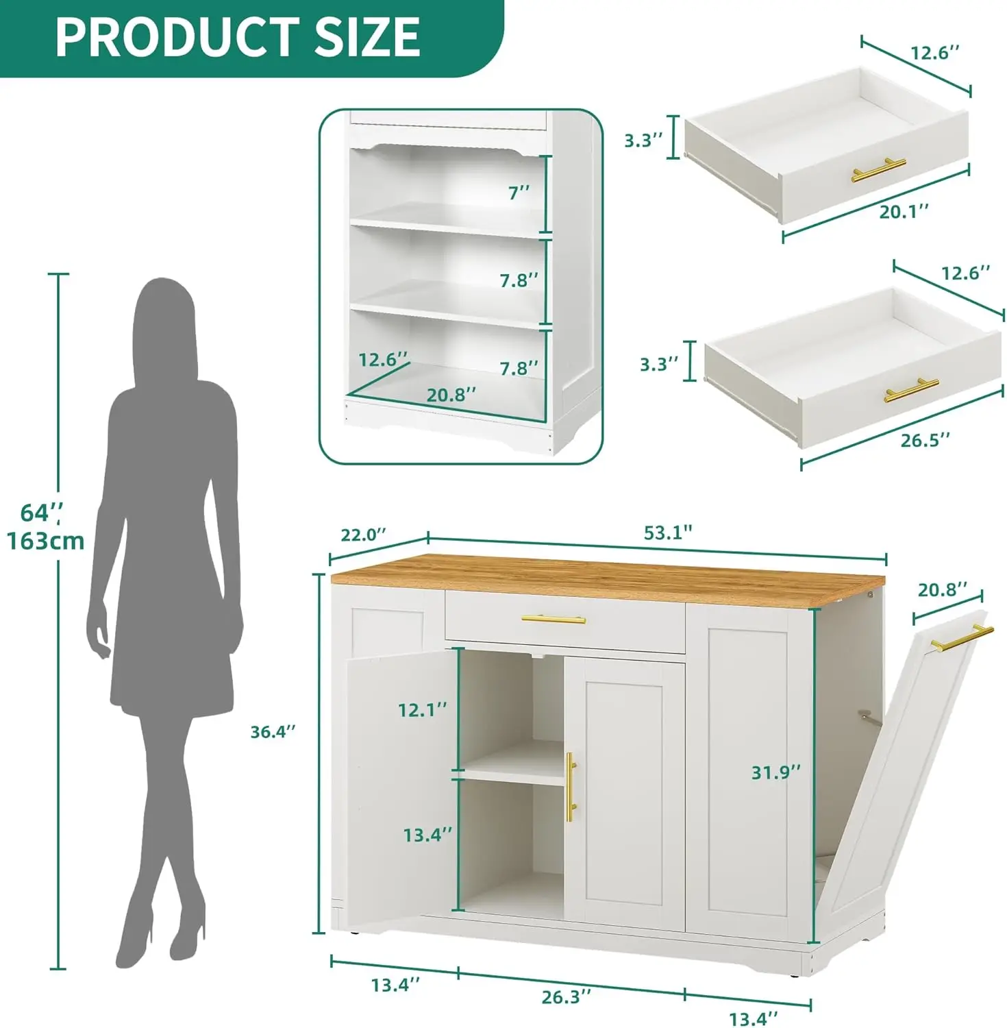 53 inch Large Rolling Kitchen Island with Trash Can Storage Cabinet, Portable Mobile Islands Table Long Floating Movable w Wheel