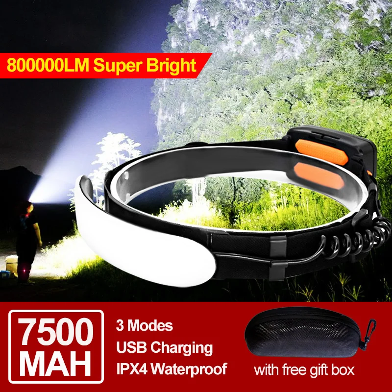 7500MAH 220 ° 800000LM ไฟหน้าแบบพกพาไฟฉายคาดหัวไฟหน้าในตัวแบตเตอรี่ไฟฉาย USB ชาร์จไฟฉายคาดศีรษะไฟฉาย