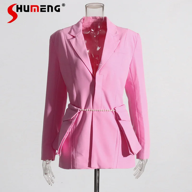 2023 Autumn New Pearl Chain Large Pocket Decoration Slim Fit Thin Looking Suit Coat Niche Design Blazer Jacket for Women