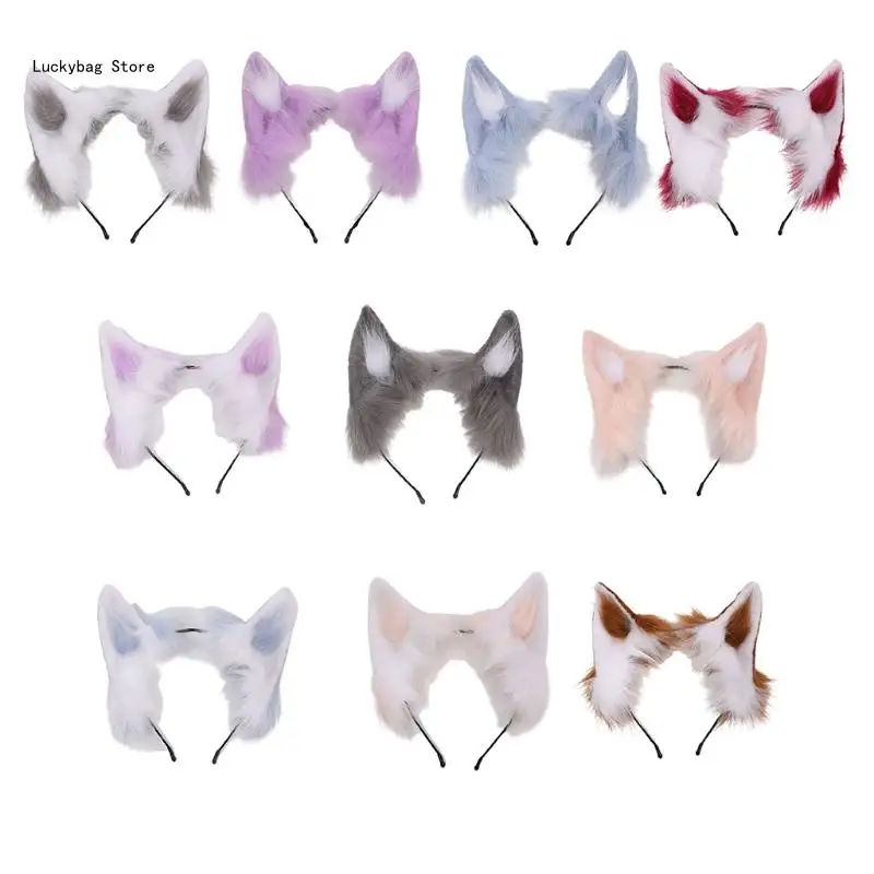 Cosplay Furry Animal Ears Hair Hoop Handmade Costume Cosplay Long Fur Headpiece for Halloween Party Decoration