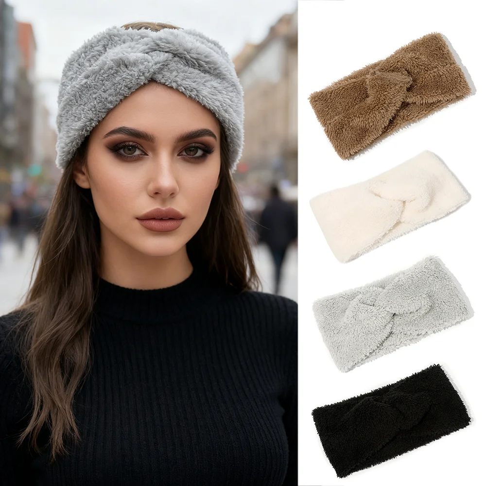 Nueva diadema de borde ancho de felpa cruzada media de Color sólido para mujer, diadema diaria de Otoño/Invierno, accesorios para el cabello