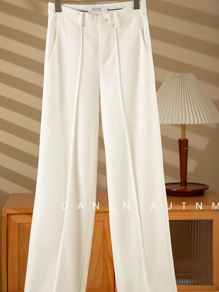 جديد ربيع وصيف 2025 سراويل عالية الخصر واسعة الساق للنساء بيضاء عالية الخصر مستقيمة فضفاضة بطول كامل سراويل نسائية