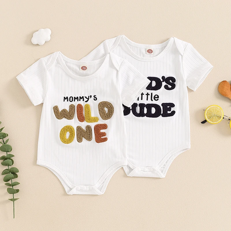 

2024-04-17 Lioraitiin Newborn Baby Girls Boys Ribbed Romper Letter Embroidery Round Neck Short Sleeve Jumpsuit Summer Clothes