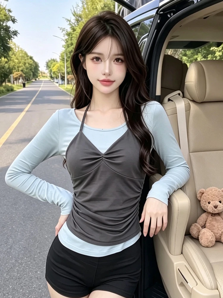Casual Fashion Color Block Patchwork Korean Style Halter Top T-Shirt Pure Desire Atmosphere Base Shirt Girls Summer Wear