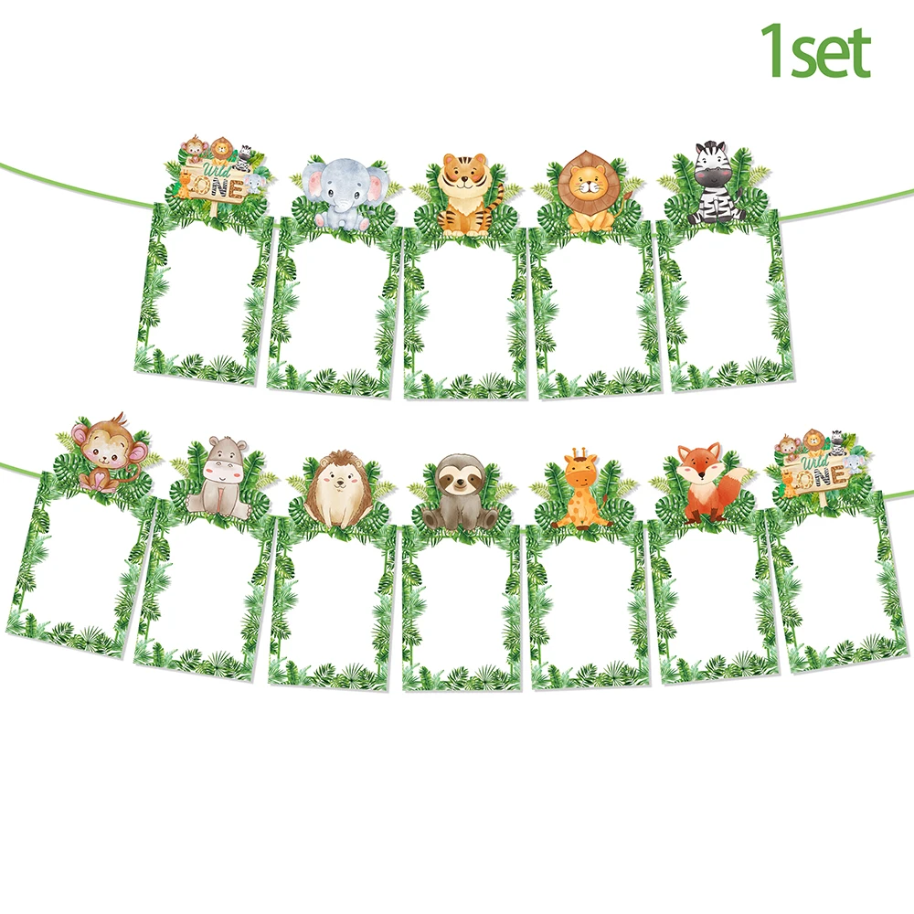 Jungle Animal 1st Kids Photo Banner 12 Month Photo Garland Kids Wild One Safari Birthday Party Decoration Baby Shower Supplies