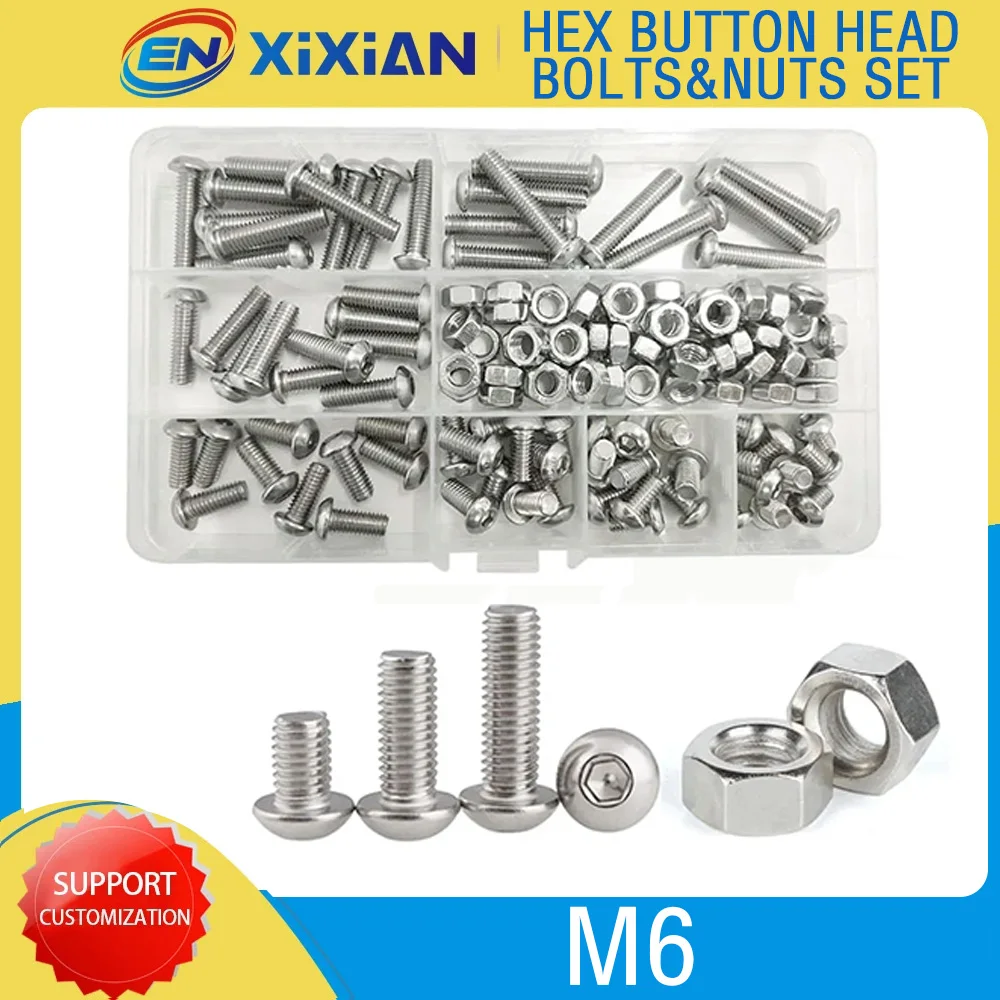 304 Stainless Steel M6 Hex Hexagon Button Round Head Bolts Nuts Set Metric Thread Allen Screw Assortment Kit Metalworking Tools