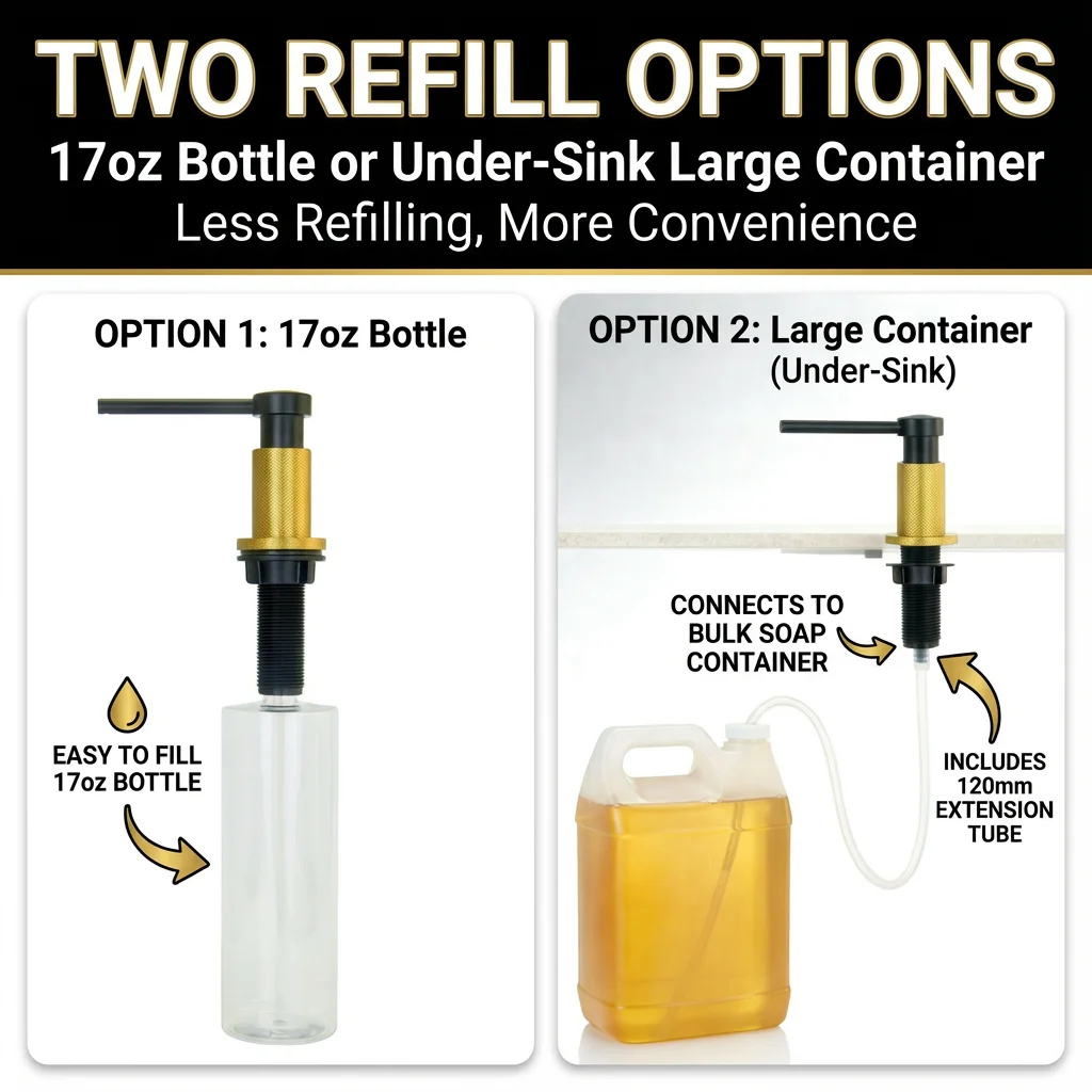 304 Stainless Steel Built-In Kitchen Sink Soap Dispenser, Press Pump with 17oz Bottle & 120mm Extension Tube