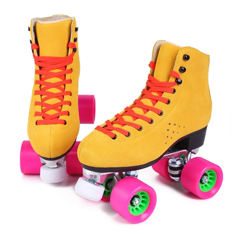 Unisex Double Line Skate Quad Roller Skates Retro Suede Leather Patines Skating Boots Candy Color Large Size Skate Shoes