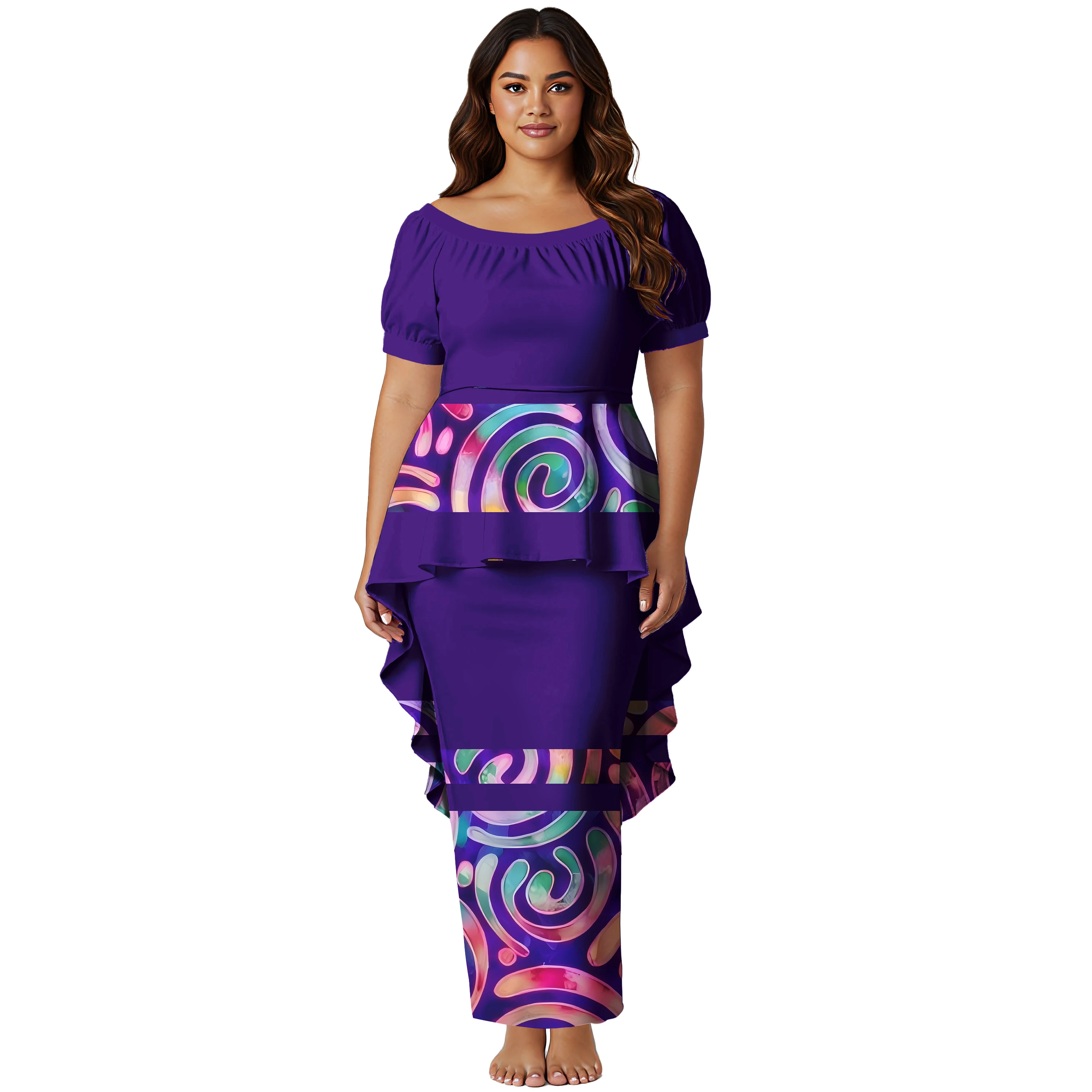 Custom Samoan Print Polynesian Swallowtail Hem Style Top and Skirt Large Size Ladies Long Puletasi Dress 2 Piece Set Outfits
