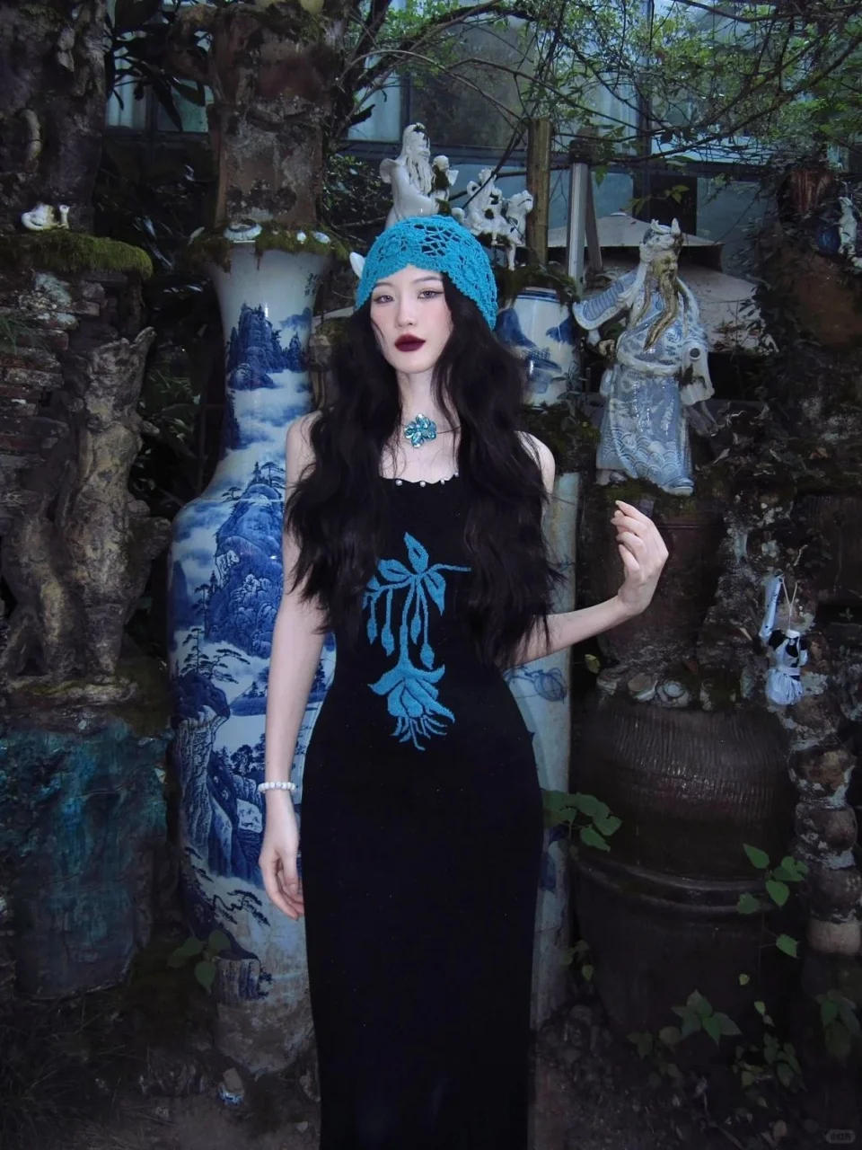 

Women's Gothic Floral Embroidered Maxi Dress - Black Spaghetti Strap Backless Slim Fit Dress, Vintage Streetwear Spring Summer